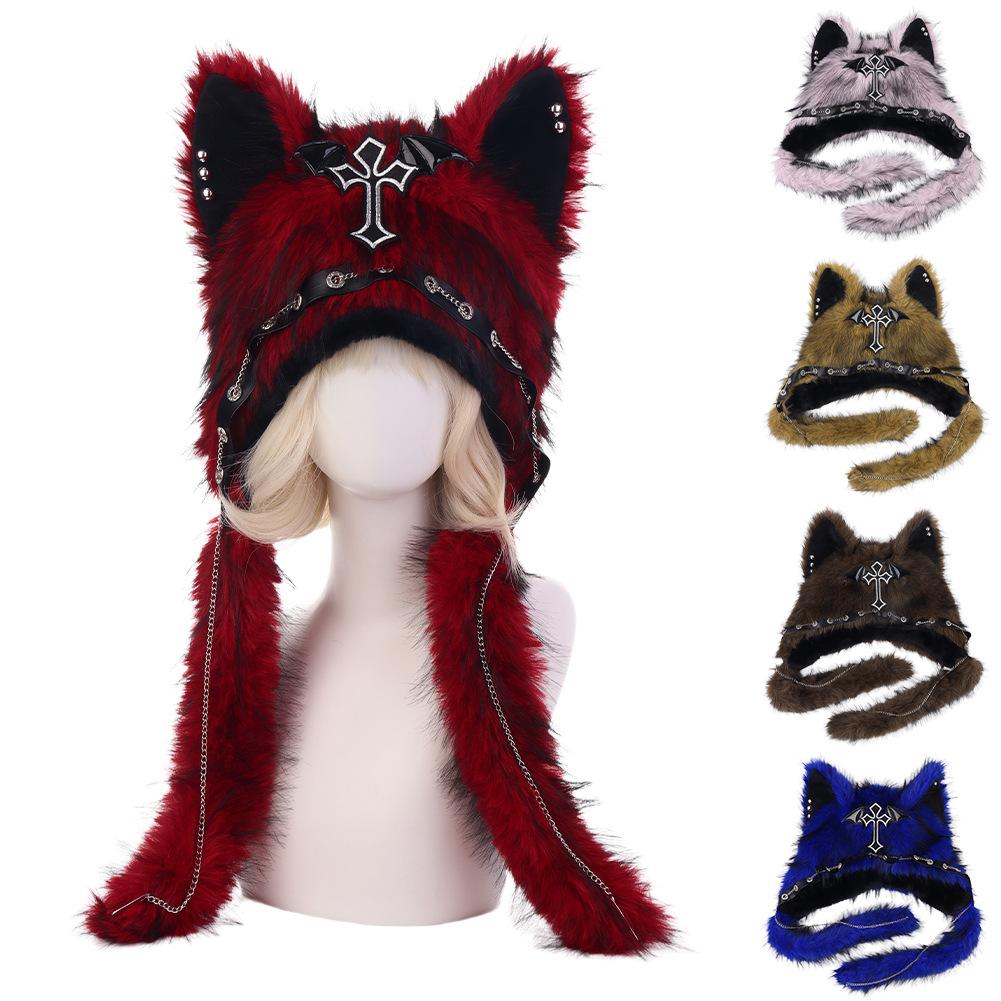 Gothic Dark Style Plush Cat Ear Hat, Punk Rock Warm Winter Hat, Trendy Thermal Headwear for Women