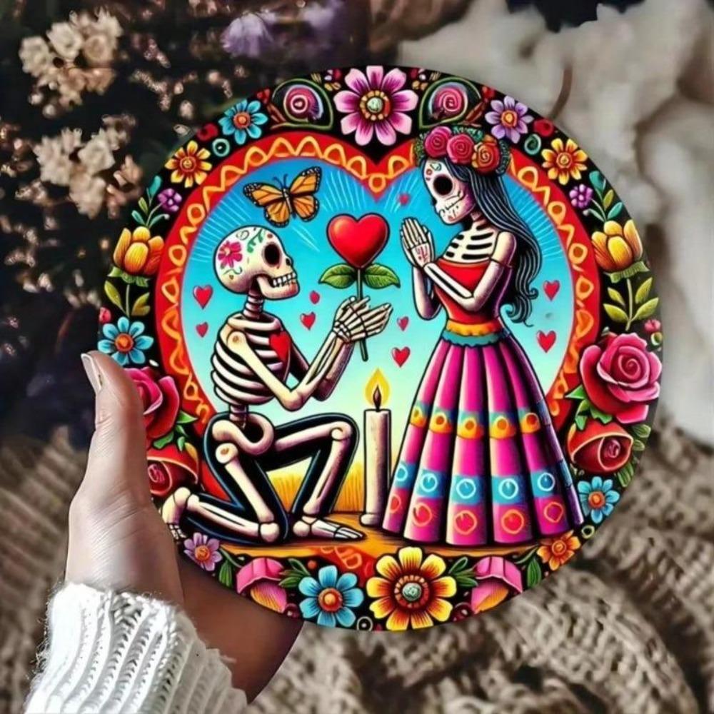 Metal Gothic Skull Couple Wall Art 8x8 Inch Aluminum Ivory Frame Halloween Decor