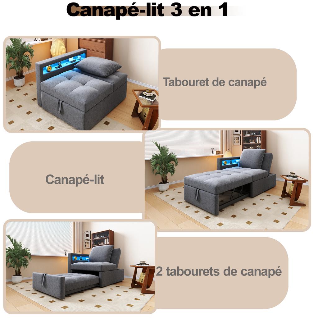 3 In 1 Multifunctional Sofa Bed, Linen Sofa with Adjustable Backrest, Armrest with LED Light Strips and USB/Type-C Ports, Lounge Sofa for Small Spaces