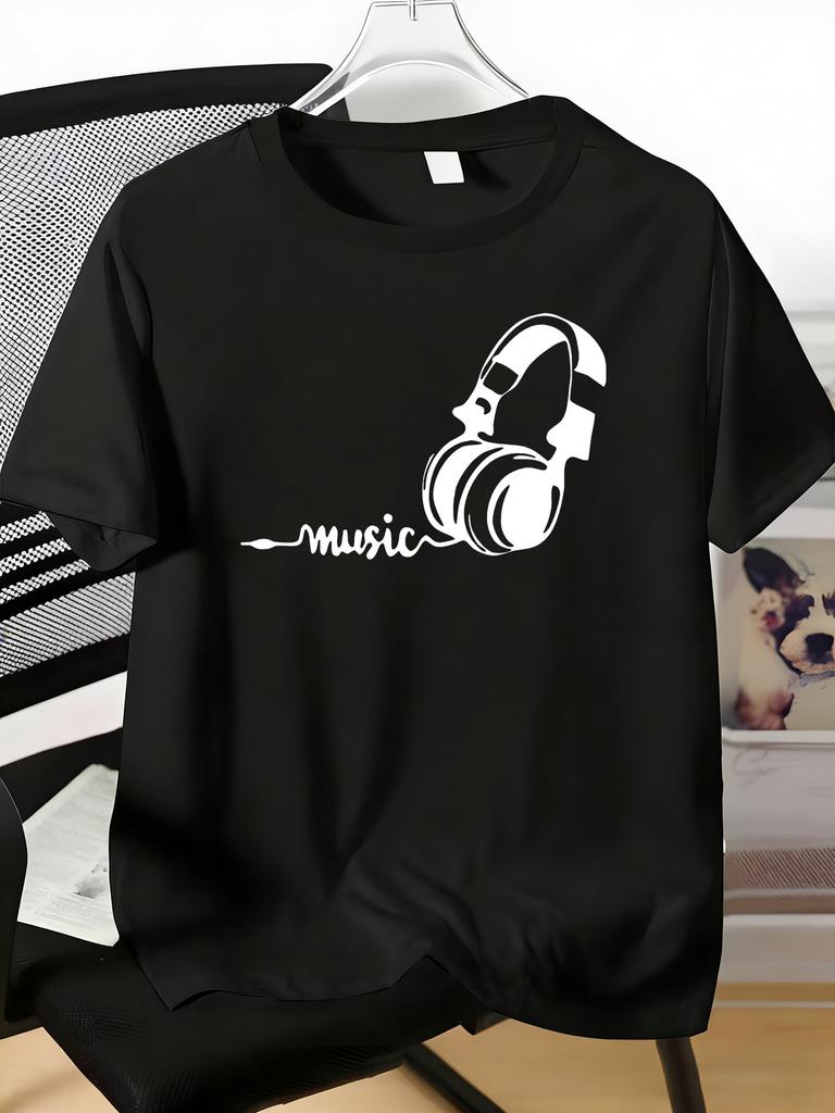 Unisexs Tee Stylish Headphone Music Word Art Print Cotton Short Sleeve Male Casual Streetwear Outdoor Daily Basic Fashion Wear Top