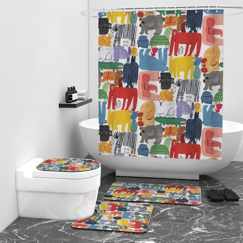 Geometric Cartoon Printing Shower Curtain Four-Piece Digital Printing Bathroom Wet And Dry Separation Partition Shower Curtain Set Floormat40x60cm