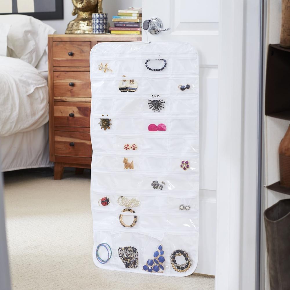 Double-Sided Jewelry Organizer 80 Pockets Hooks PEVA Storage Earrings Necklaces Rings Hair Accessories Tangle-Free Closet