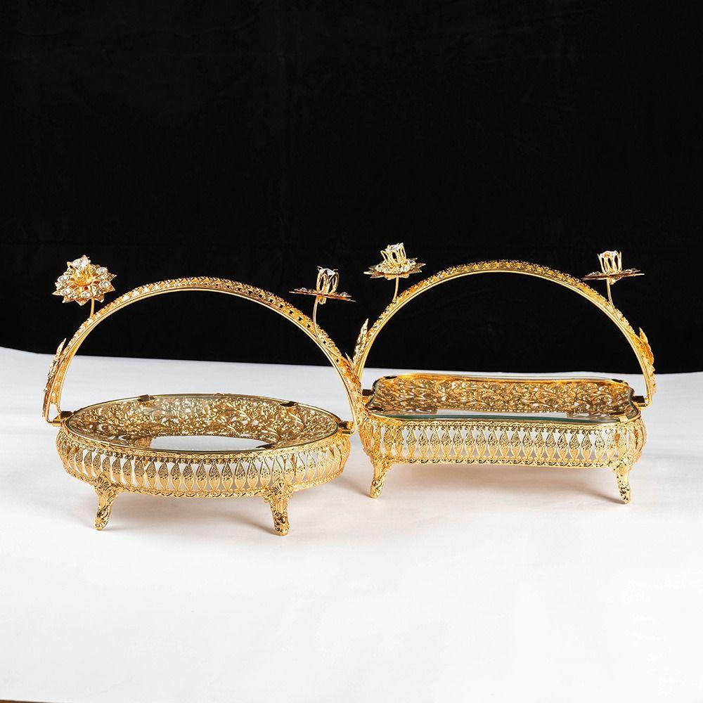 Desktop Ornament Metal Fruit Plate Creative Retro Storage Basket Handheld Multi-Function Golden Glass Plate Living Room