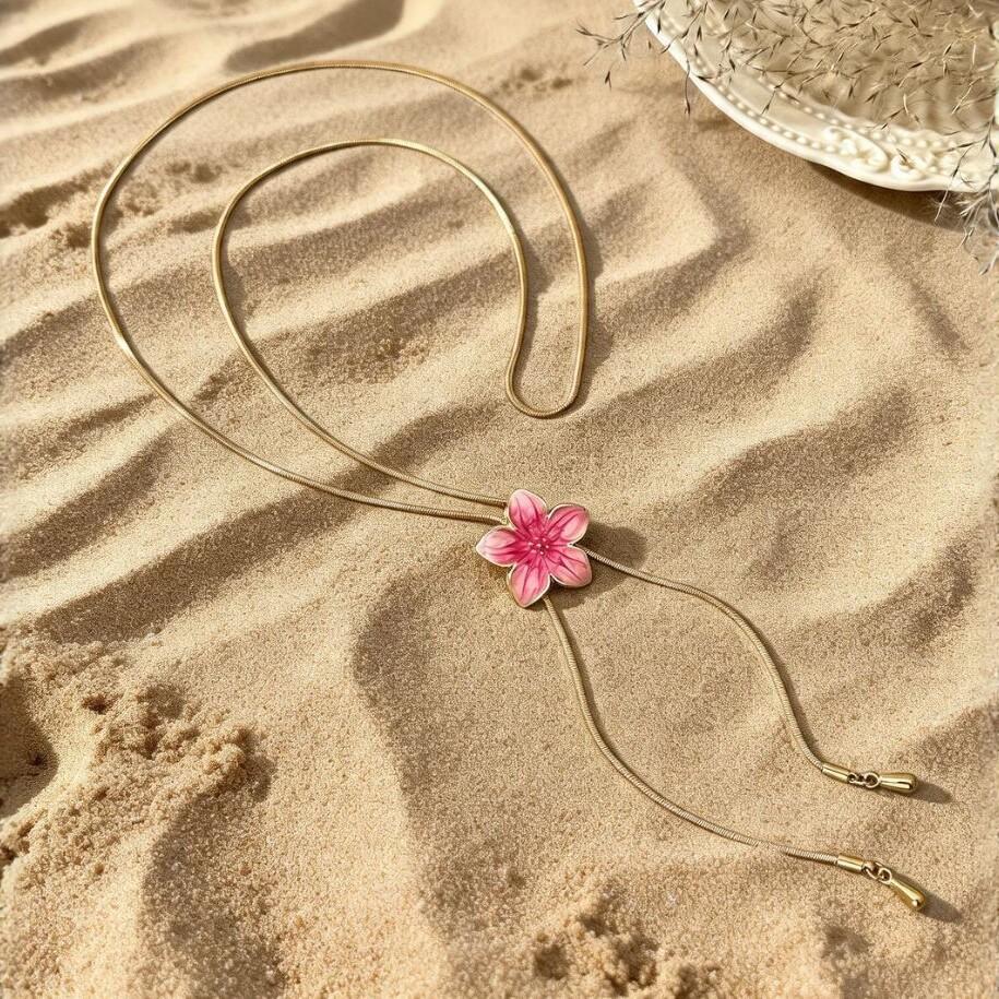 Bohemian Pink Oil Drop Flower Pendant Necklace, Versatile Y Necklace Fashion Versatile Dopamine Collarbone Chain