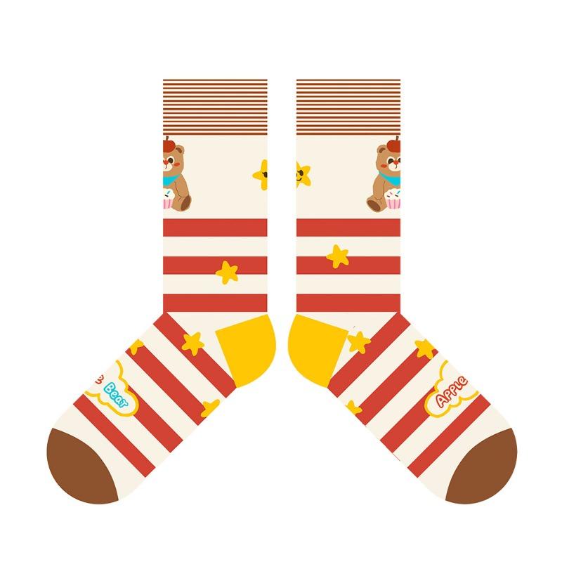 Cute Striped Apple Teddy Bear Mid-calf Cotton Socks - Pile-style Winter/spring Children's Cartoon Sports Socks