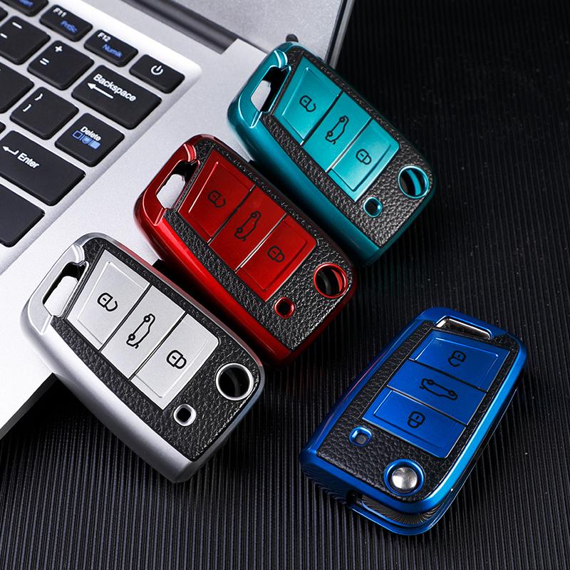 Auto Keychain for Volkswagen VW Golf 7 MK7 Tiguan MK2 for Skoda Octavia A7 Kodiaq 2017 2018 2019 Leather TPU Car Key Case Cover