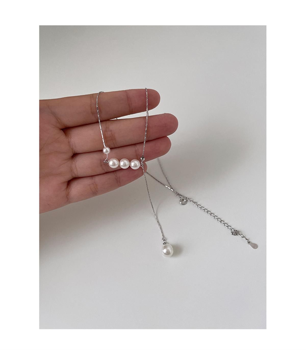 Women s 925 Sterling Silver Rhodium Plated Geometric Imitation Pearl Pendant Sweater Chain Luxury Necklace серебряный