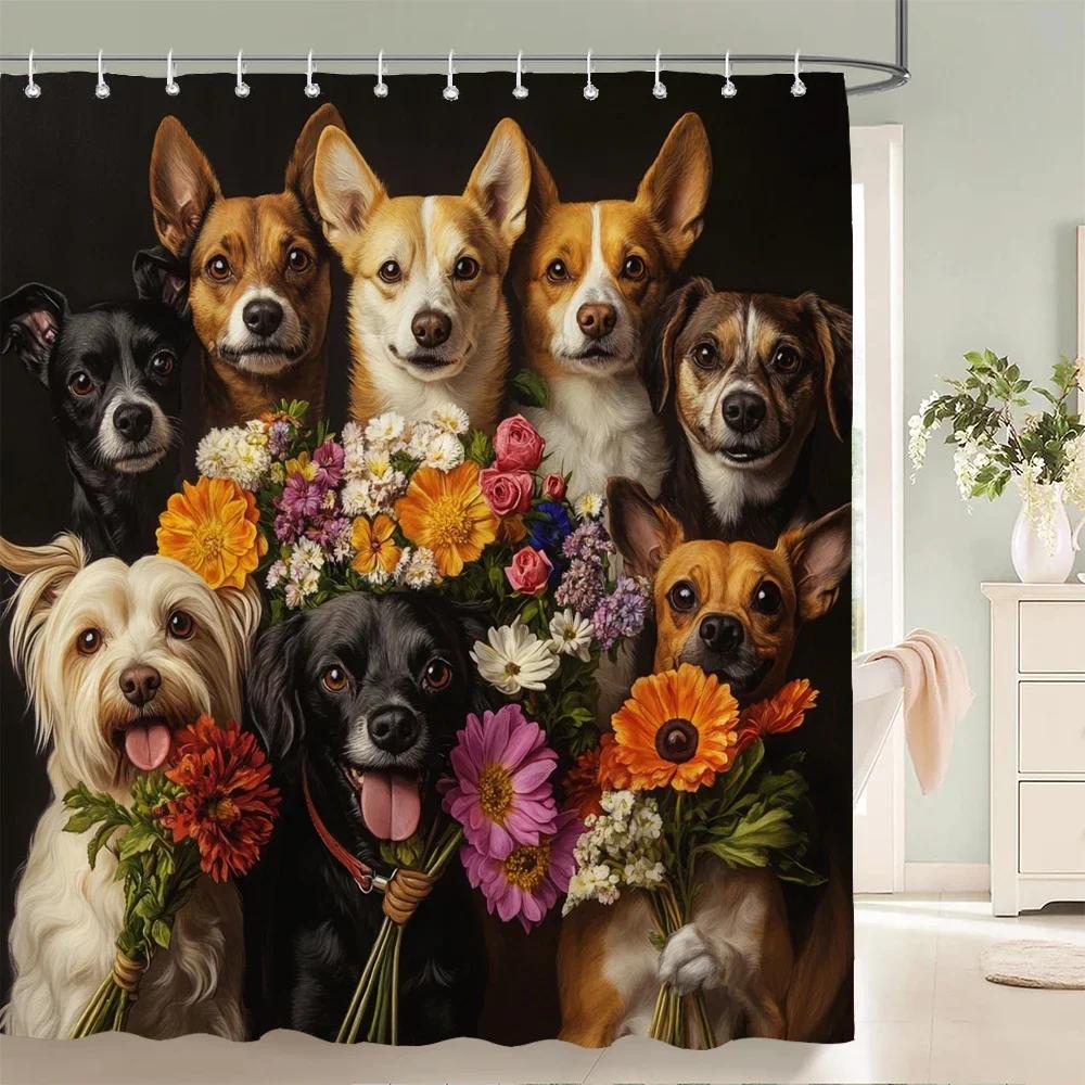 Lovely Cat and Dog Animal Shower Curtain Country Scenery Cats and Dogs Printing Bathroom Curtain With Hooks Home Decor Curtain