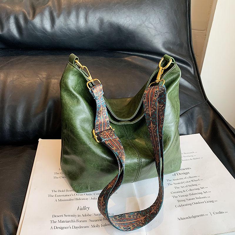 Wide Geometric Strap Shoulder Bag Large Capacity Crossbody Bags For Women Retro Pu Leather Women's Bag