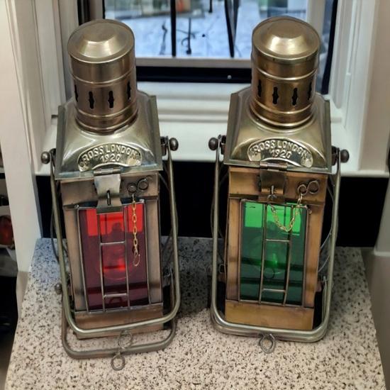 Brass Set of 2 Lantern Red, Green Glass Nautical Beach Lantern Decor Hanging Oil Lamp Ship Lantern 30.48 Cm