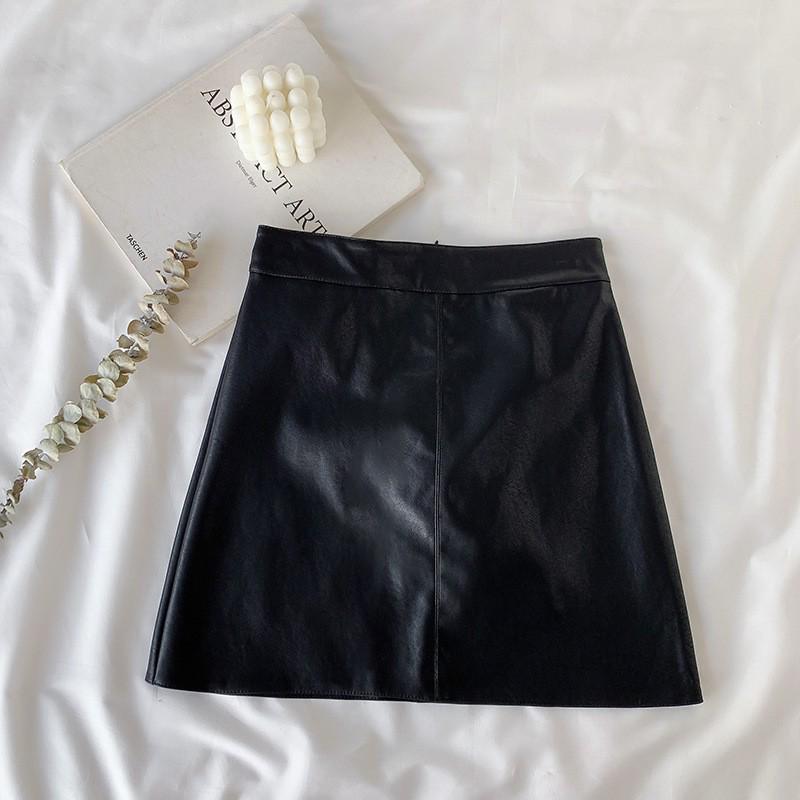 Black A-line High-waisted PU Leather Skirt: Women's Spring/Autumn Slimming Mini with Anti-exposure Design