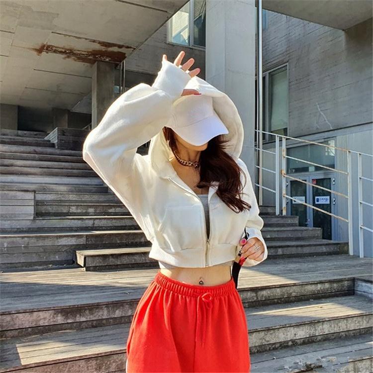 Korejská šik mikina s kapucí na zip Dámská móda Kpop Ležérní Jednobarevné Ustřižené Mikiny s kapucí Tenký top s dlouhým rukávem Y2k Streetwear