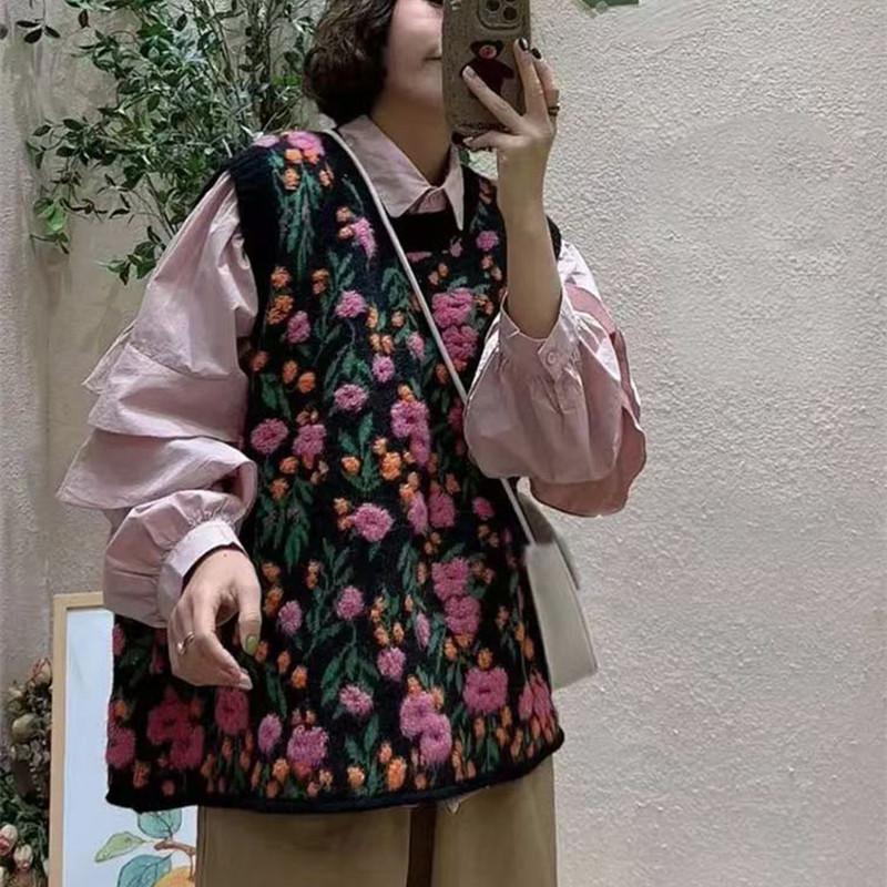 

Вязаный свитер-жилет женский осенне-зимний круглый вырез с вышивкой и цветочной вышивкой без рукавов универсальные повседневные топы винтажный модный пуловер One Size бежевый