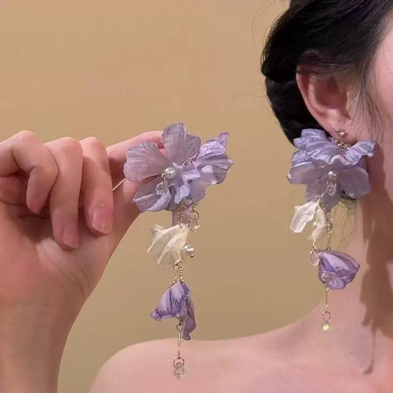 Silver needle fabric rice bead chiffon flower beaded fringed earrings super fairy sweet temperament stud earrings niche design earrings