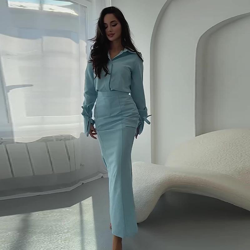 2024 Autumn Women's Solid Color Shirt & High Waist Skirt Set with Turn-down Collar and Long Sleeves