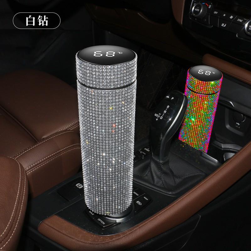 Stainless Steel Temperature Display Insulated Tumbler With Rhinestone Decor 500ml Straight Design Travel Cup Office Car