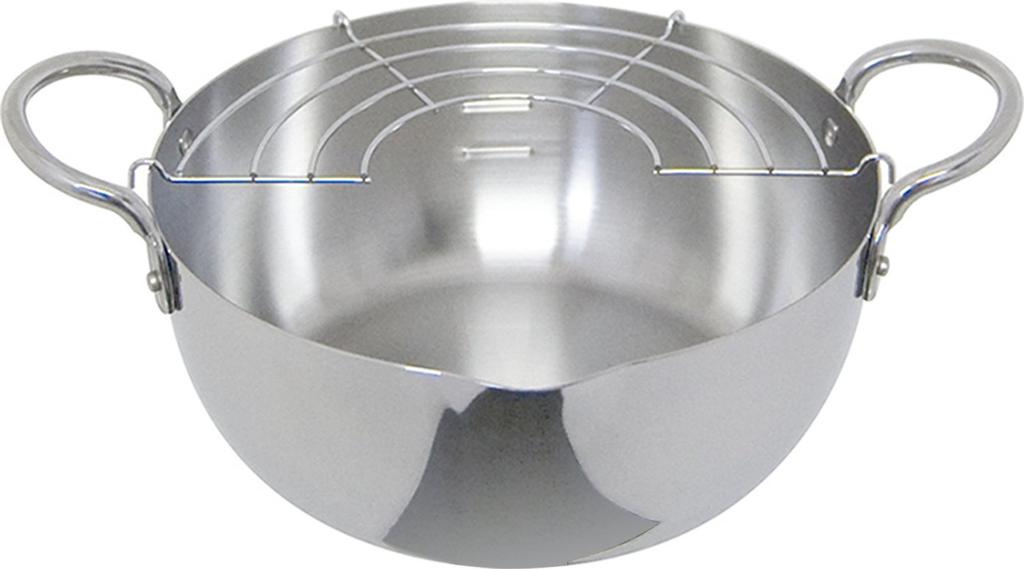 Urushiyama Metal Industry Tempura Pot with Strainer, 20cm. Stainless steel retains heat for crispy fried food. Gas and induction compatible. Made in J