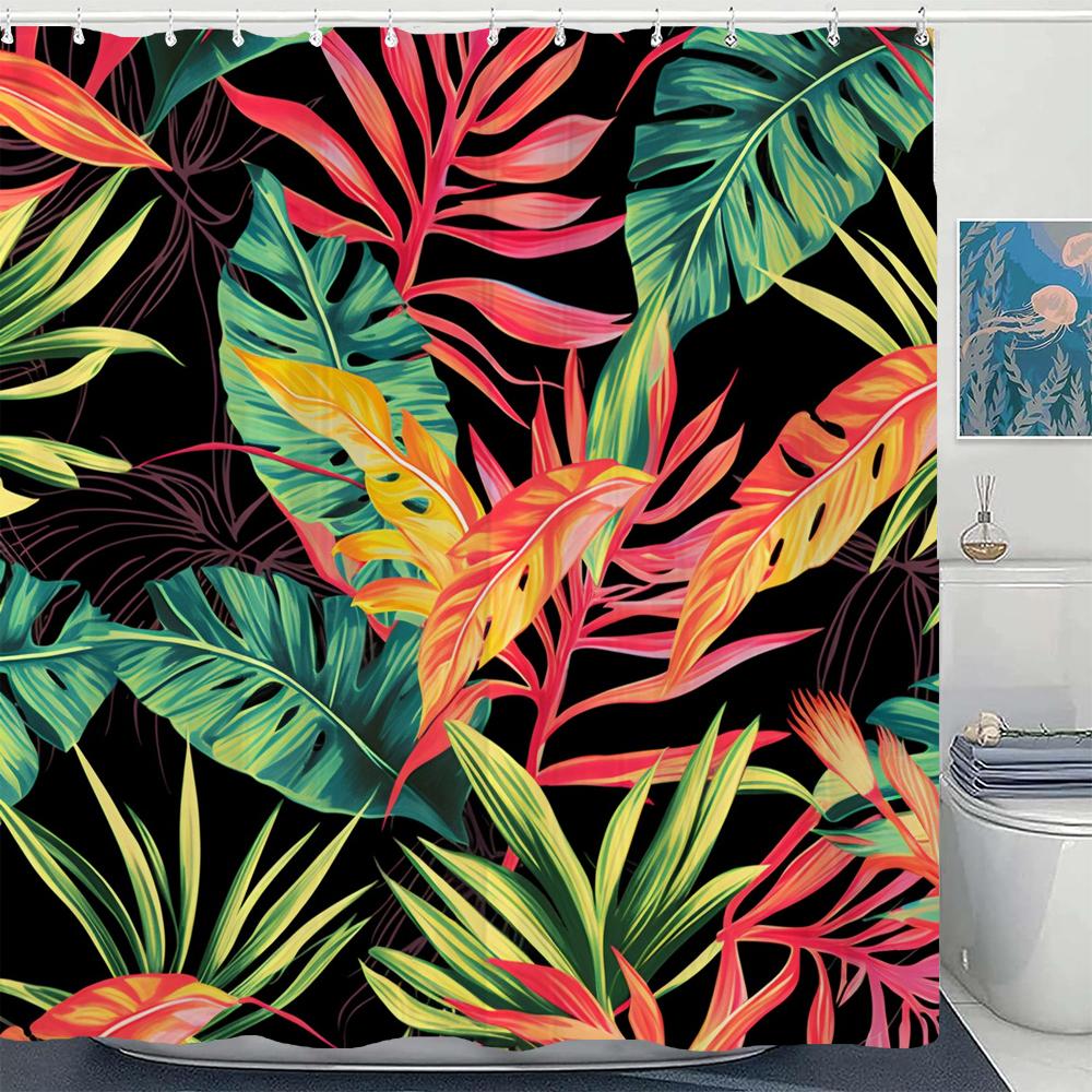1 Pcs Printed Colorful Plant Leaves Waterproof Shower Curtain, Gorgeous Flower Leaf Bathroom Decoration Curtain, With Hooks