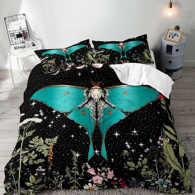 Aesthetic Boho Duvet Cover Full,3PCS  Bedding Set,Green Plant Botanical Fungus Beige Comforter Bedspread Quilt Cover