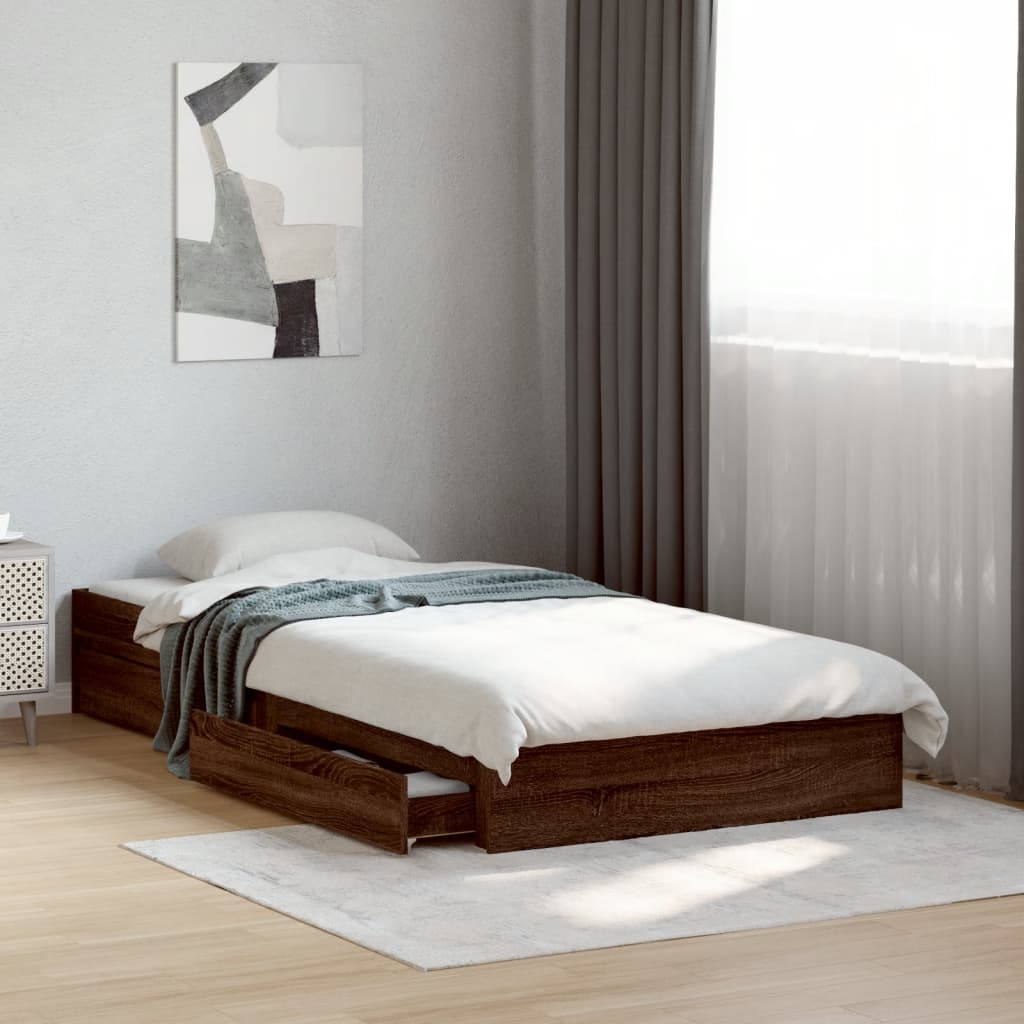 Bed Frame with Drawers Brown Oak Effect 75 x 190 cm
