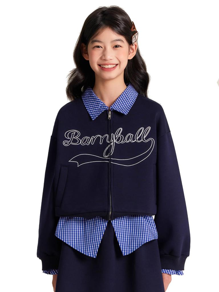 Barry Banny Long Sleeve Navy Zipper Stylish Faux Layered Check Size 120 Girls' Sweatshirt, Blue, Closure, Pattern, Collar, Warm, Kids' Fall/Winter