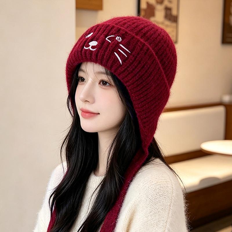 Winter warm ear protection pullover hat children cartoon cute cat embroidered knitted hat showing face small versatile wool hat
