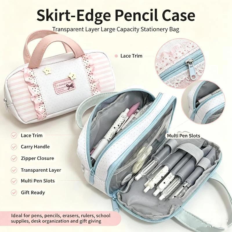 Ins Style Cute Lace Wave Point Handheld Pen Case Big Capacity Student Stationery Storage Bag Pen Bag Makeup Bag Gift