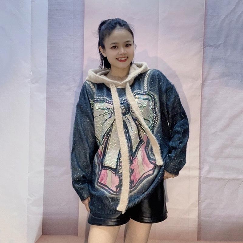 Women's Autumn Winter Bowknot Hooded Sweater: High-End Knitwear, Lazy Style, Loose Fit, Plus Size, Slimming Top