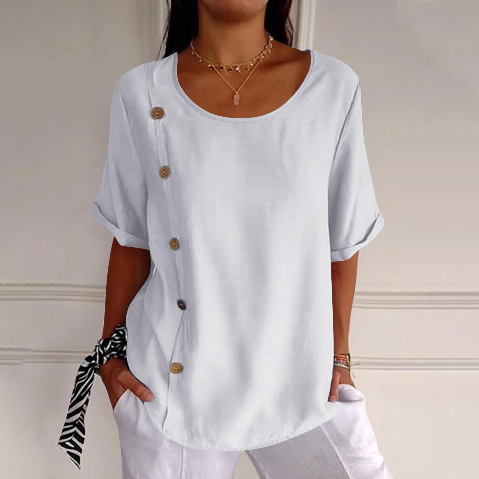 

Футболки с коротким рукавом и круглым вырезом, футболки для женщин, модные топы, легкая мягкая повседневная летняя рубашка на пуговицах XL белый