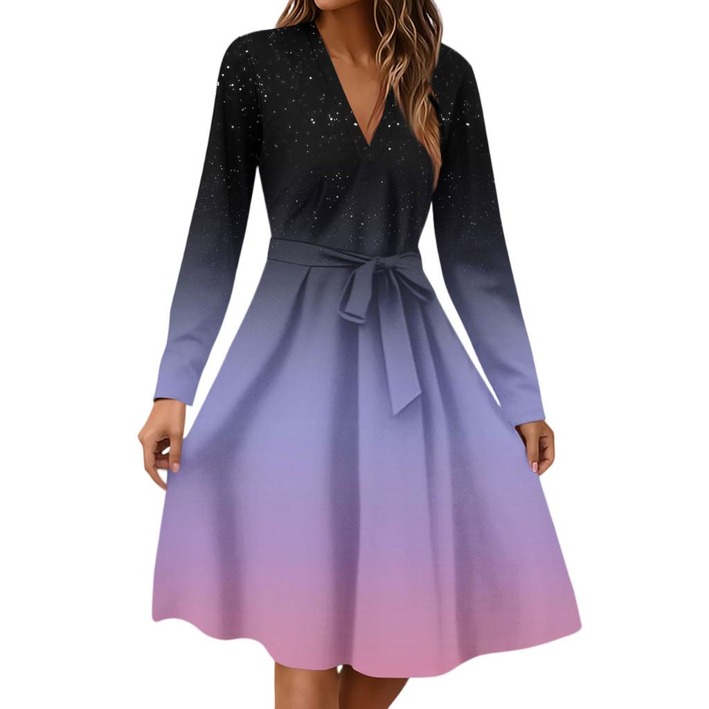 Women's Fashion Casual V-Neck Long Sleeve Waist Floral Print Midi Dress