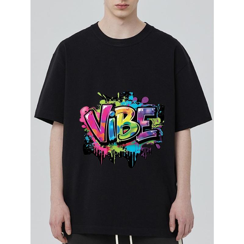 Black T Shirt with Colorful Vibe Graffiti Print for Casual Wear