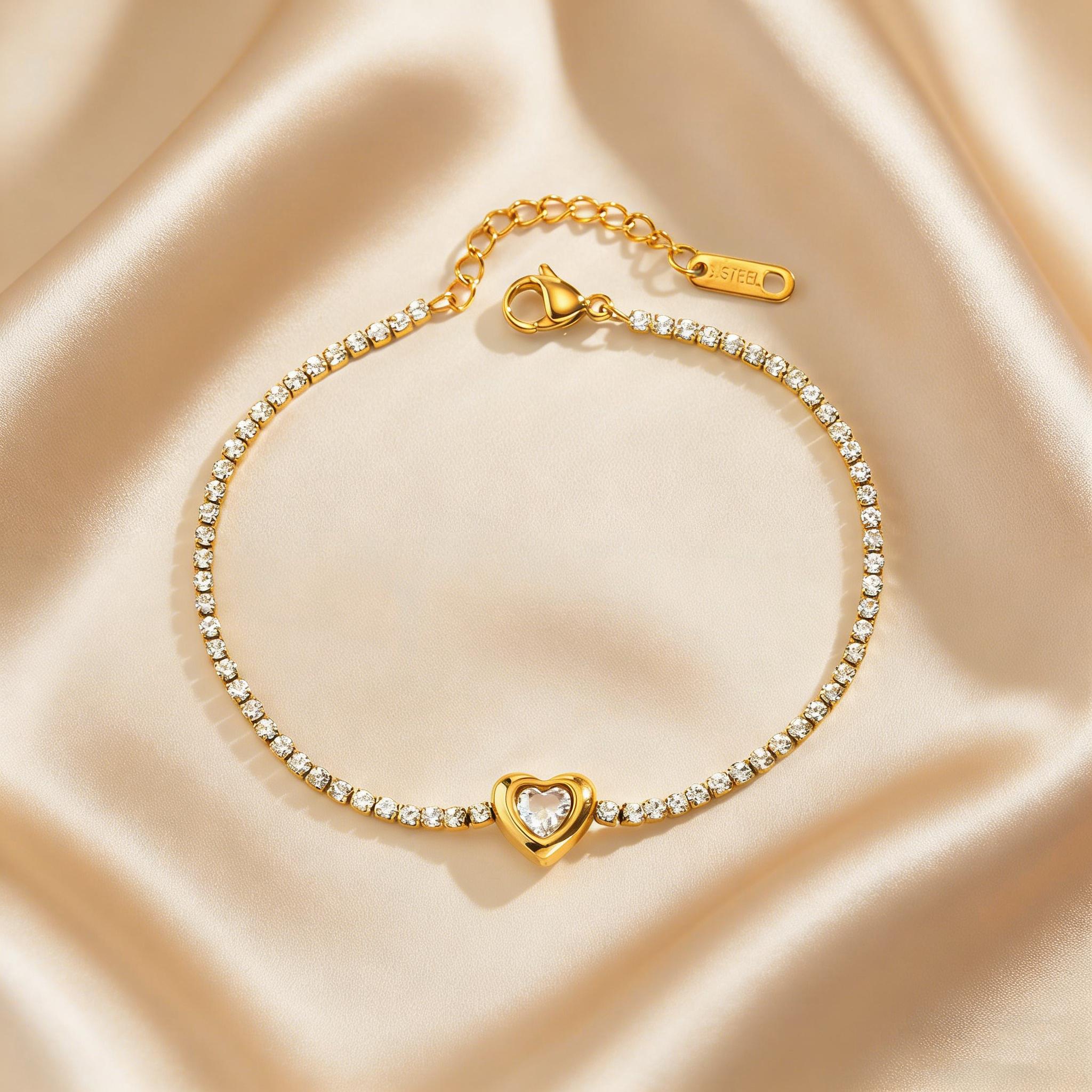 Elegant Heart Zircon Tennis Chain Bracelet for Women, Gold Color Stainless Steel Wristband Bracelet, Luxury Elegant Jewelry Gift
