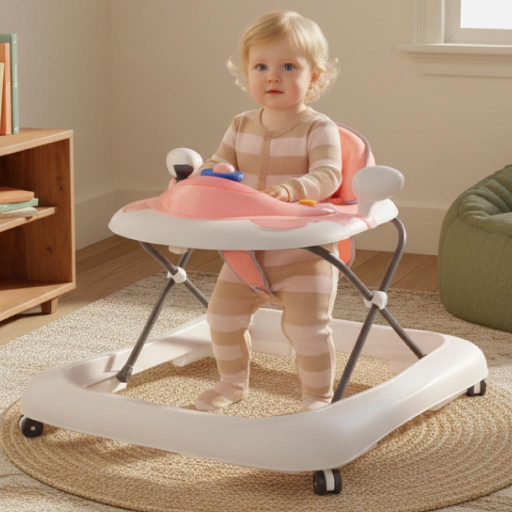 Interaktiver Lauflerner für Babys, höhenverstellbar, Schiebestange, Stopper, Pink und Grau