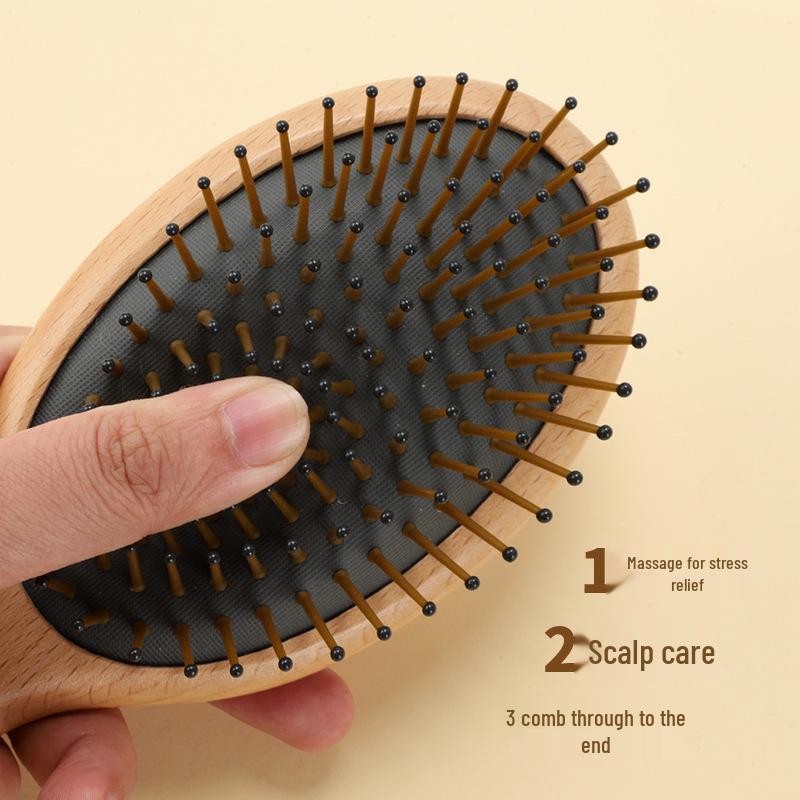 Oval Wooden Beech Cushion Comb - Meridian Massage Airbag Design for Fluffy Hair Mini
