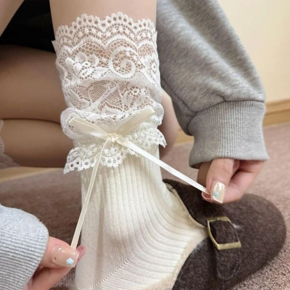 Ballet Style Lace Edge Socks Bow Mid Calf Socks Piles Socks Lolita Socks Boot Socks