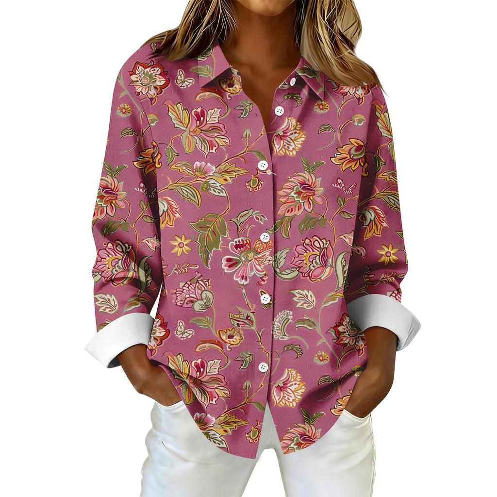 Women's Fashionable Casual Printed Long-Sleeved Button-Up Shirt