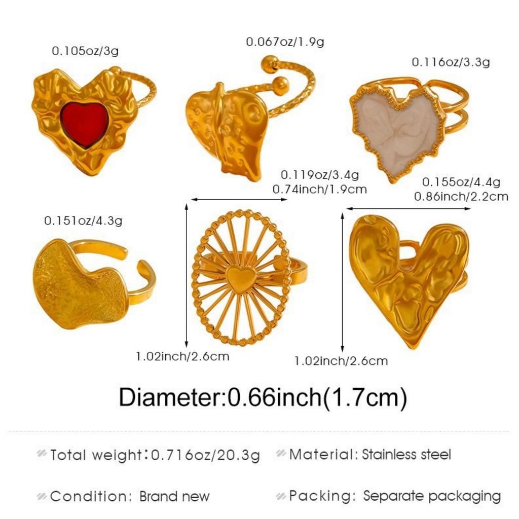 Stylish Valentine's Day 18K Gold Plated 304 Stainless Steel Open Adjustable Heart Rings For Women Gift 16.9mm(US Size 6.5)