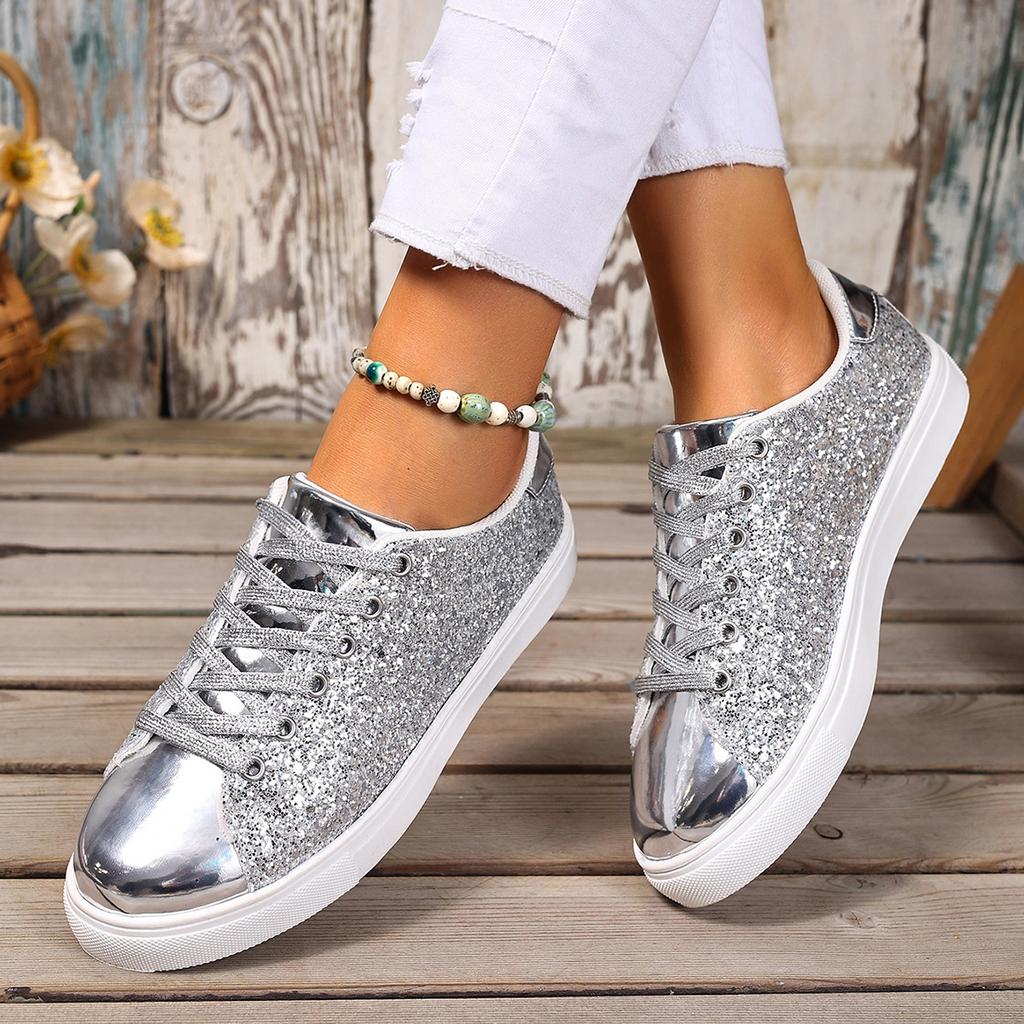 Fashion Luxury Sequin Fabric Lace Up Skateboard Shoes Women 2025 Autumn Fashion Glitter Round Toe Sneakers Non Slip Flat Heel Shoes