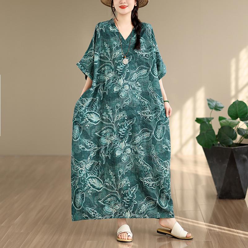 DIMANAF 2026 New Women Plus Size Summer Casual Long Dress Cotton Loose Oversize Maxi Print Floral Beach Sundress