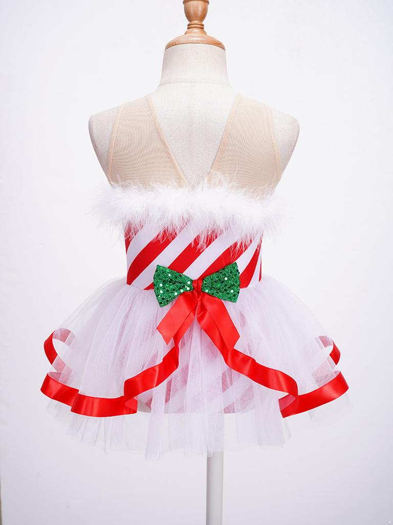 Kids Girls Sleeveless Striped Christmas Party Costume Figure Ice Skating Ballet Dance Leotard Tutu Dress