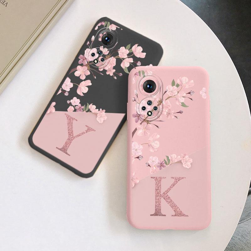 Initial Letter Silicone Case For Huawei Nova 9 Honor 50 Shell Retro Pink Flower Soft TPU Back Cover For Honor 50 Nova9 Capa