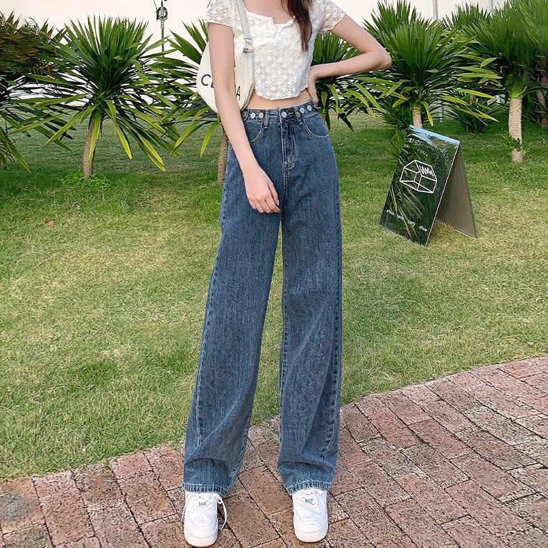 

Waist Adjustable Jeans Women s Spring and Autumn High Waist Straight Pants Loose and Skinny Small Wide Leg Floor Pants S