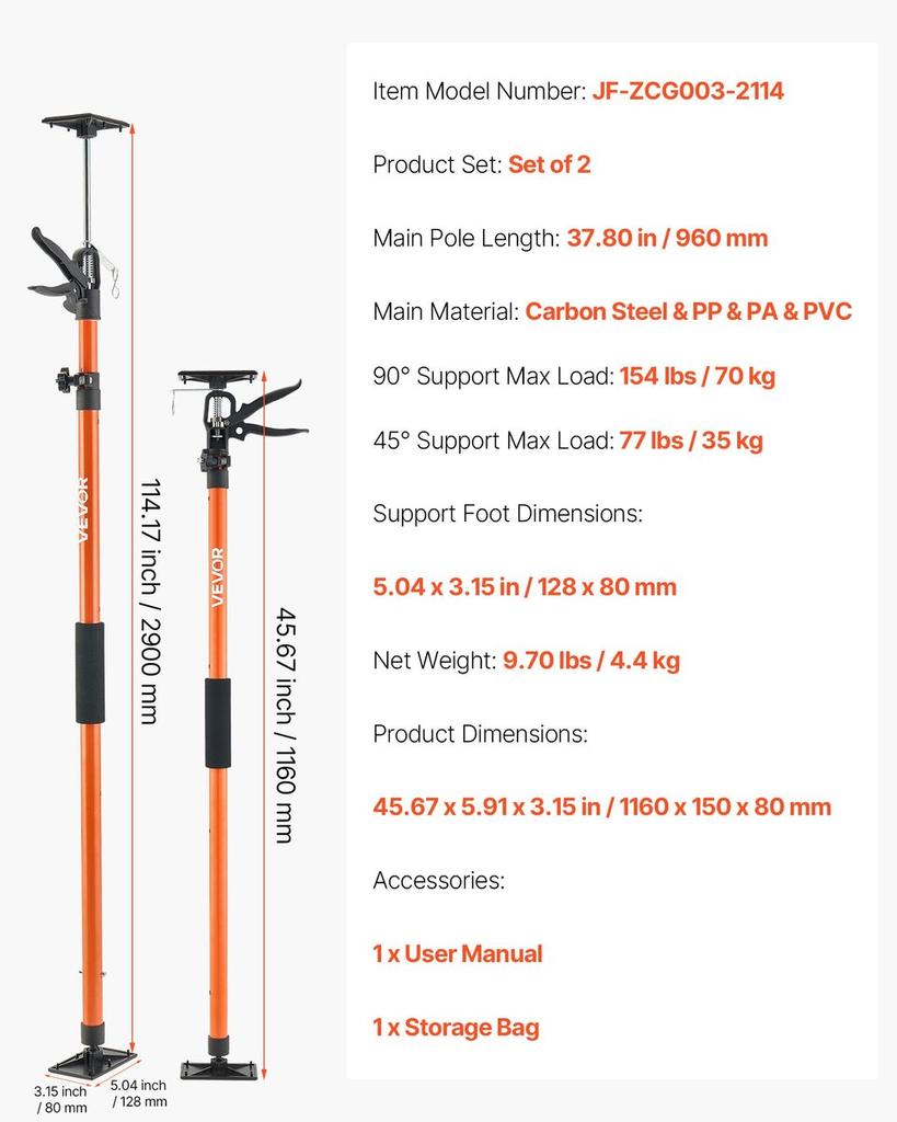 Cabinet Jack Support Pole, 2-Pack, 116-290 cm Steel Telescopic Quick Support Rod, Adjustable 3rd Hand System up to 70 kg Capacity for Installing