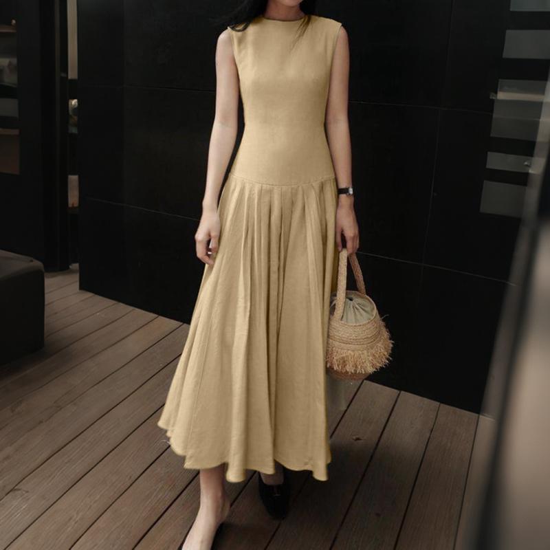 ZANZEA Women Casual Round Neck Solid Color Sleeveless Long Dress
