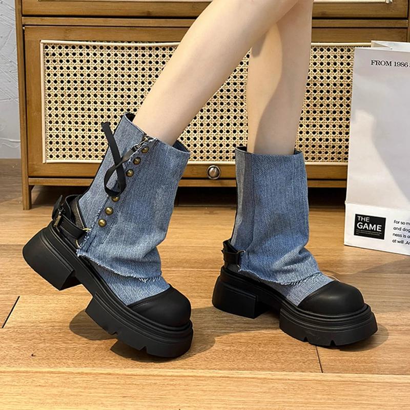 

Осенние студенческие модные ботильоны, новые парусиновые ковбойские туфли, женские уличные ботинки на платформе, роскошные дизайнерские брендовые мотоциклетные ботинки 40 синий