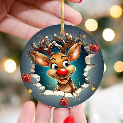 2D Christmas Round Pendants Acrylic Elk Christmas Break Through Ornament Penguin Printed Polar Bear 2D Acrylic Hanging Ornaments