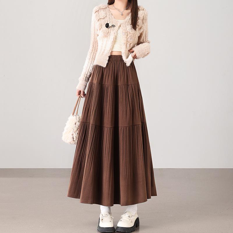 2025 Fall/Winter Layered Woolen Flare A-Line Skirt - Slimming, High-Waist, Long Design