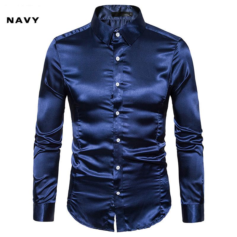 New Spring And Autumn Winter Men'S Solid Color Casual Shirt Men'S Fashion Trend Bright Face Collar Long Sleeve European Size Shirt