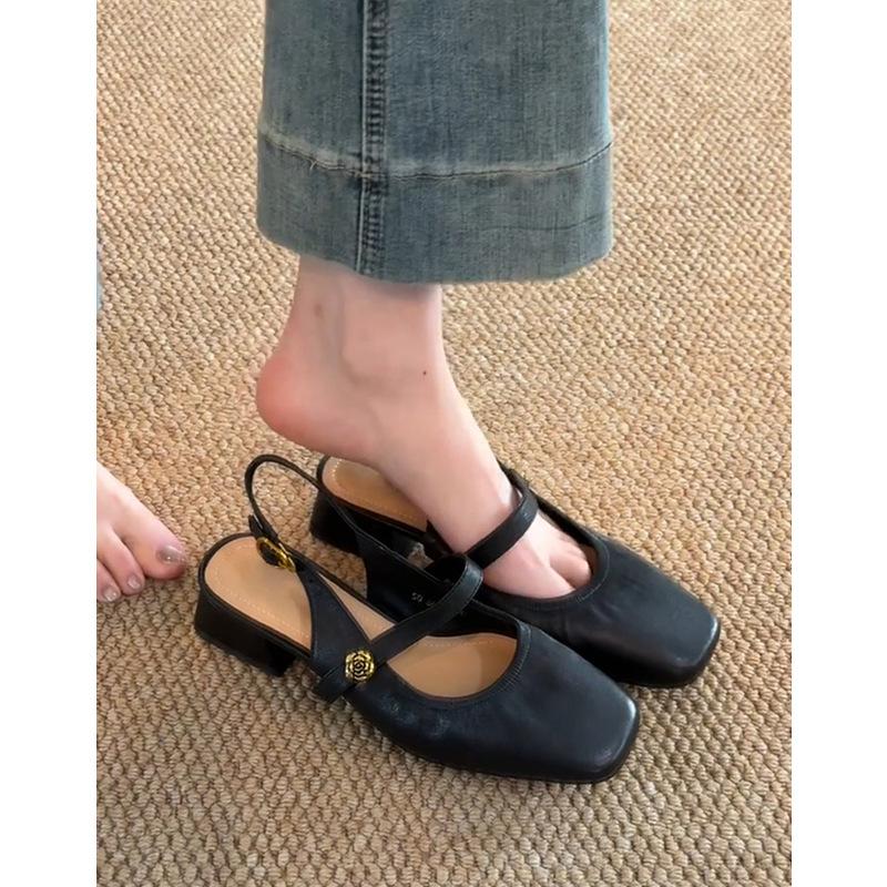 

Sheepskin~ Leather single shoes French camellia one word with bag head sandals women s summer retro thick heel Mary Jane shoes 40