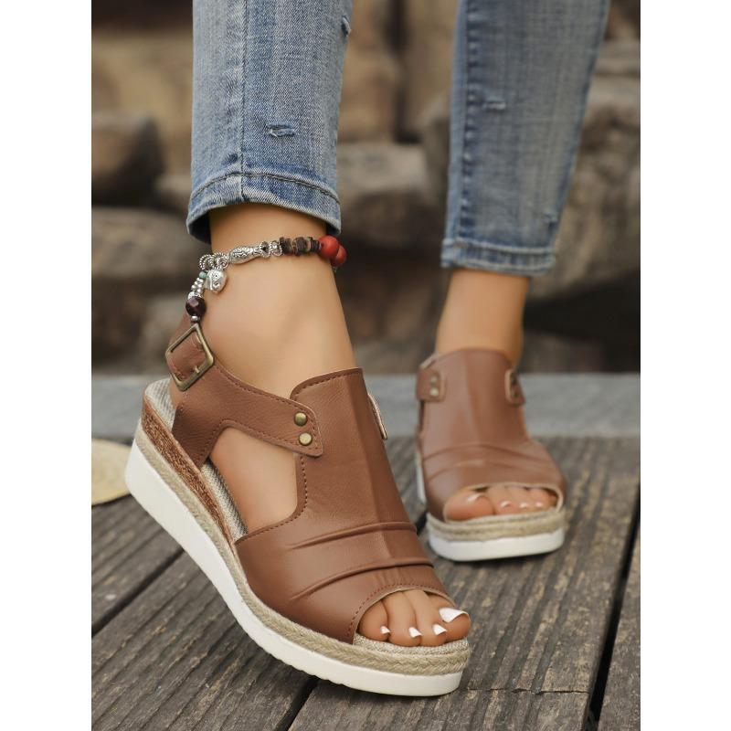 Plus Size Women's Sandals 2025 Summer New Flat Wedge Heel Fish Mouth Casual Buckle Wear Women's Sandals Outside